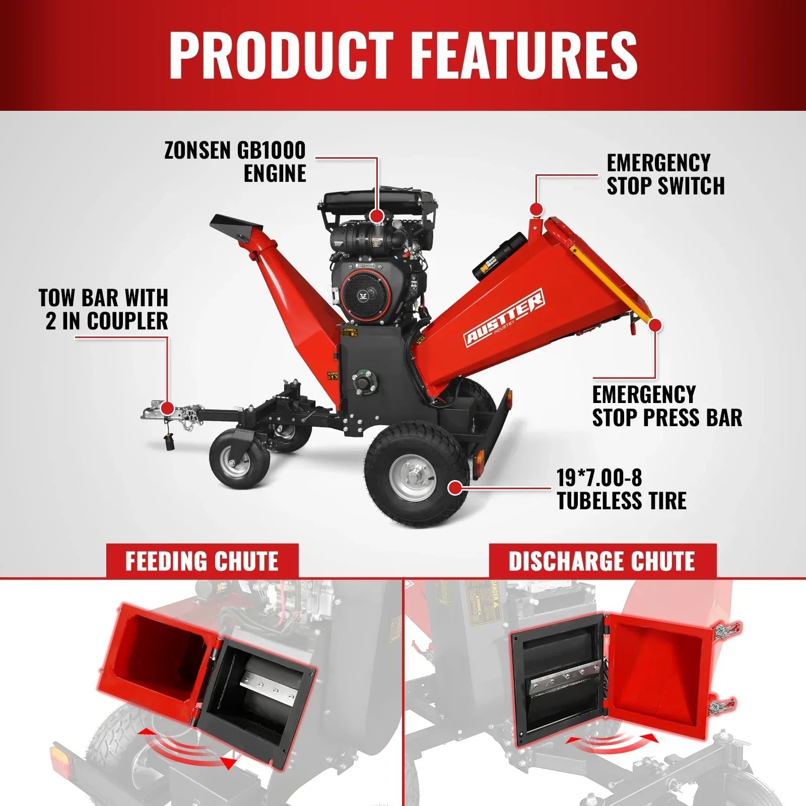 8 inch ZONSEN E-Start 1000cc 35hp Gas Powered 4 - Wheel Drum Wood Chipper with Taillight ,  B200